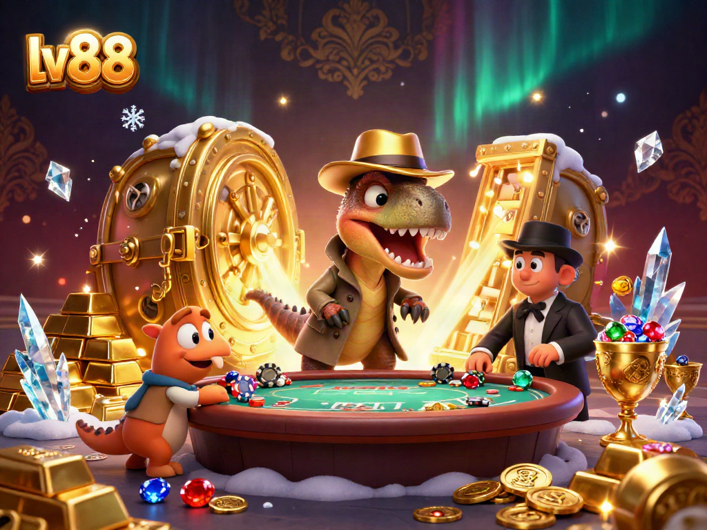 lv88 velociraptor card counter at a bustling blackjack table, surrounded by treasures and casino elements