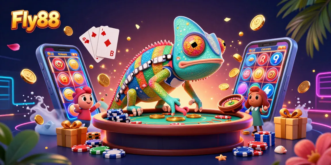 Experience Fly88's vibrant casino action with a colorful chameleon character and dynamic gaming elements.