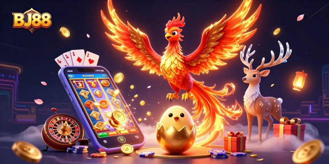 BJ88 Casino illustration showcasing a thrilling gaming adventure with vibrant colors and dynamic elements.