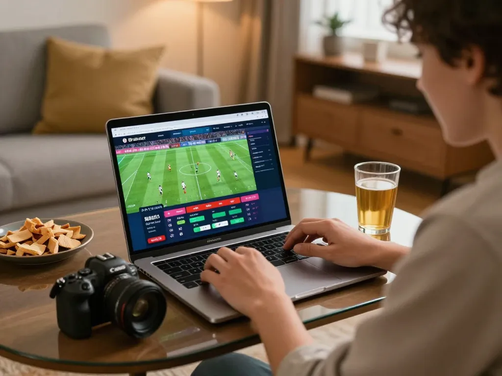 Person placing sports bets on rik vip interface from home, showcasing online gambling excitement