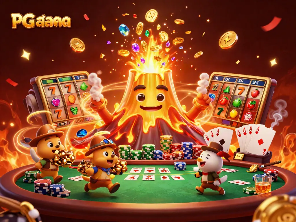 Experience thrilling gameplay with PG สล็อต as vibrant characters celebrate amidst falling treasure and casino elements.