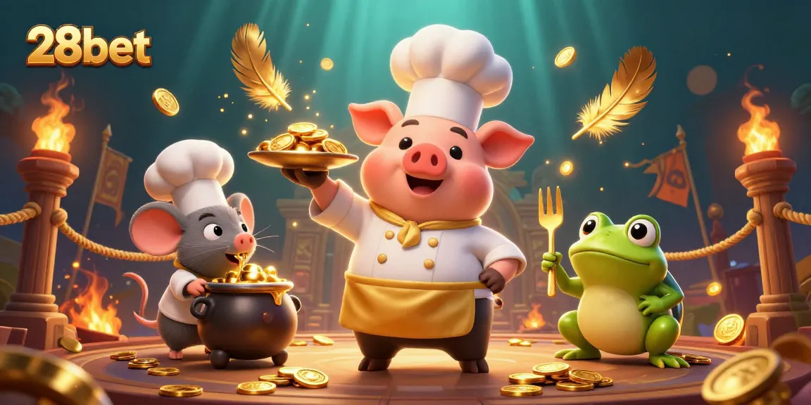 Experience the excitement of 28bet as a 3D chef pig serves golden coins in a vibrant casino scene.