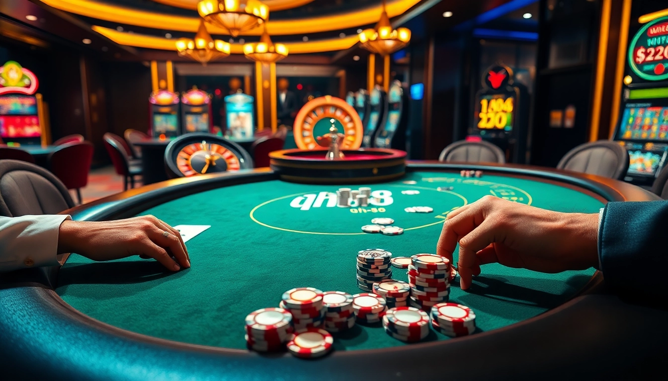 Experience the thrill of qh88 at a luxurious poker table filled with chips and cards.