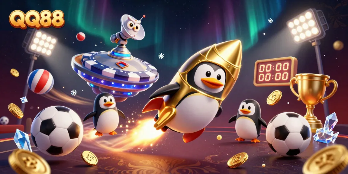 Bet on QQ88 with a golden penguin zooming past a poker chip casino, surrounded by sports balls and bonuses.