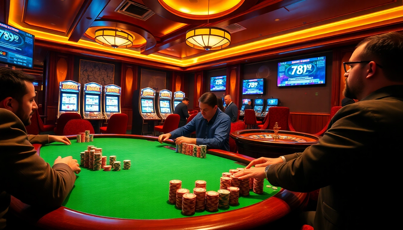 Gambling at a luxurious casino featuring poker tables and animating slot machines at https://789win.associates/.