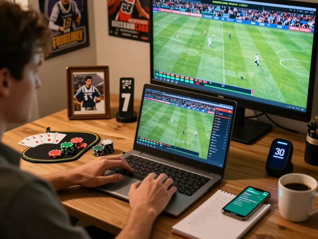 Engaging online gambling moment at https://swiftquota.in.net/ with a user focused on sports betting, surrounded by gaming items and a lively atmosphere.