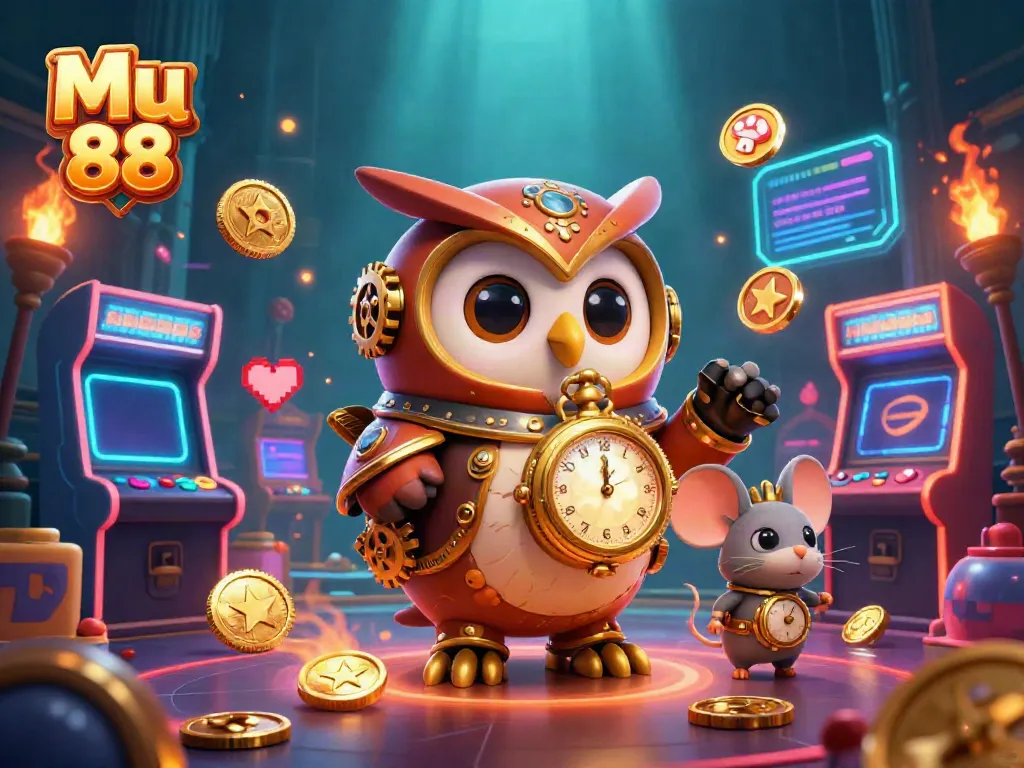Experience the thrilling world of Mu 88 with a vibrant 3D casino scene featuring an owl and mouse amidst dynamic casino elements.