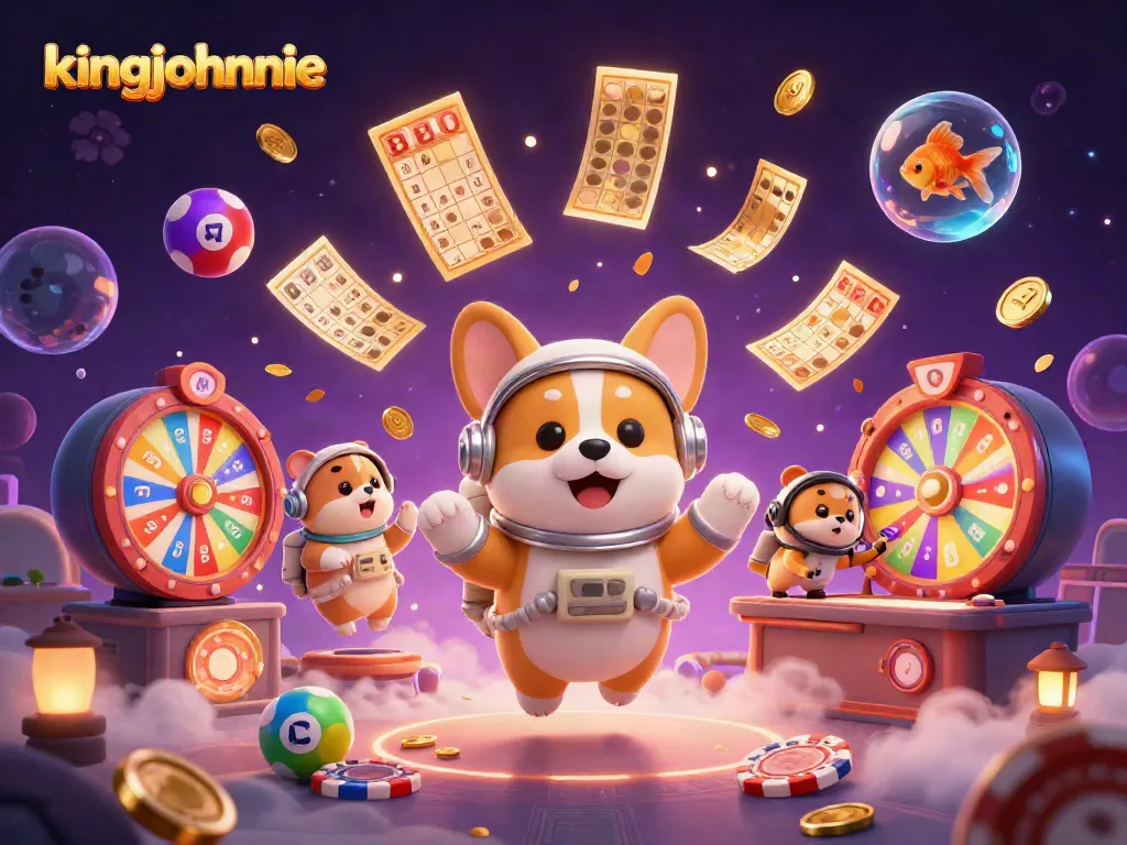 Engage with kingjohnnie in a vibrant space casino scene featuring a corgi and hamster amidst floating winnings.
