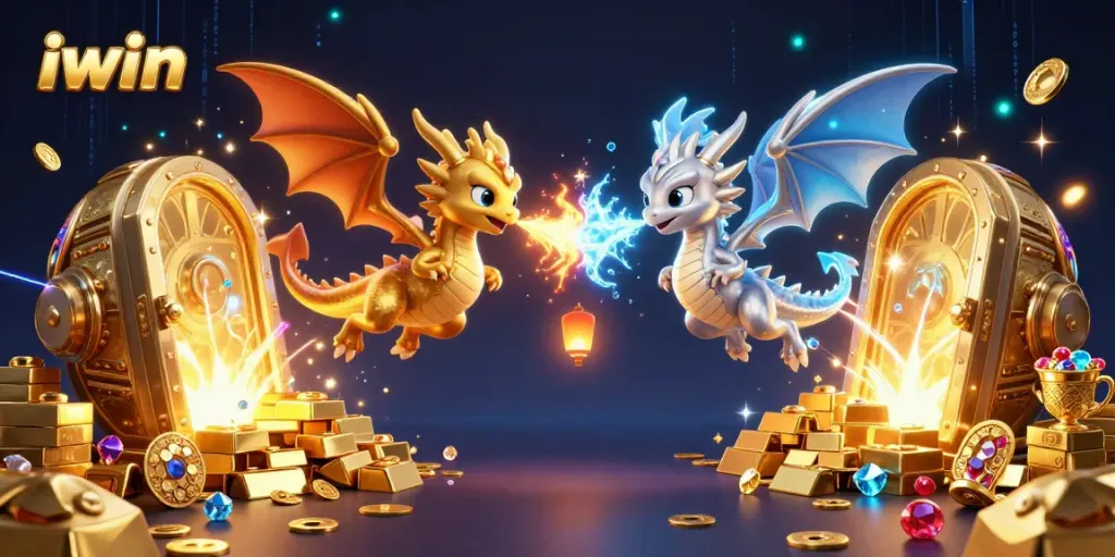 iwin captures an exciting casino scene with dynamic gold and silver dragons amid treasures.