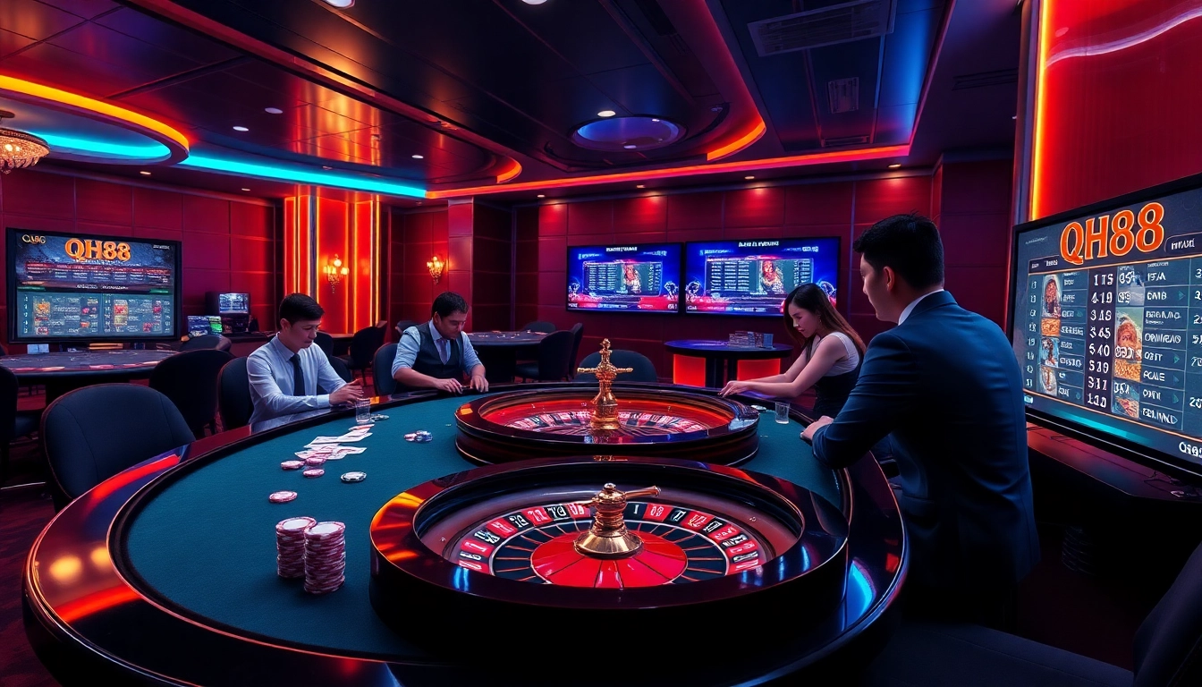 Experience the thrill of qh88 with players betting at a blackjack table in a vibrant casino atmosphere.