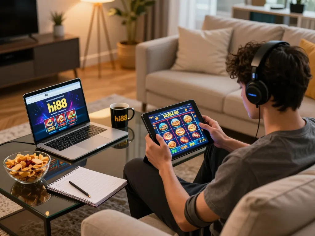Engaging in hi88 slot gameplay on a tablet, showcasing a dynamic online gaming experience at home.