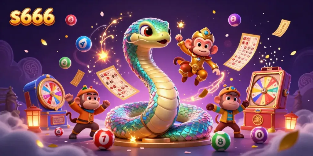 Experience the excitement of s666 with a vibrant 3D scene featuring a rainbow serpent and casino elements.