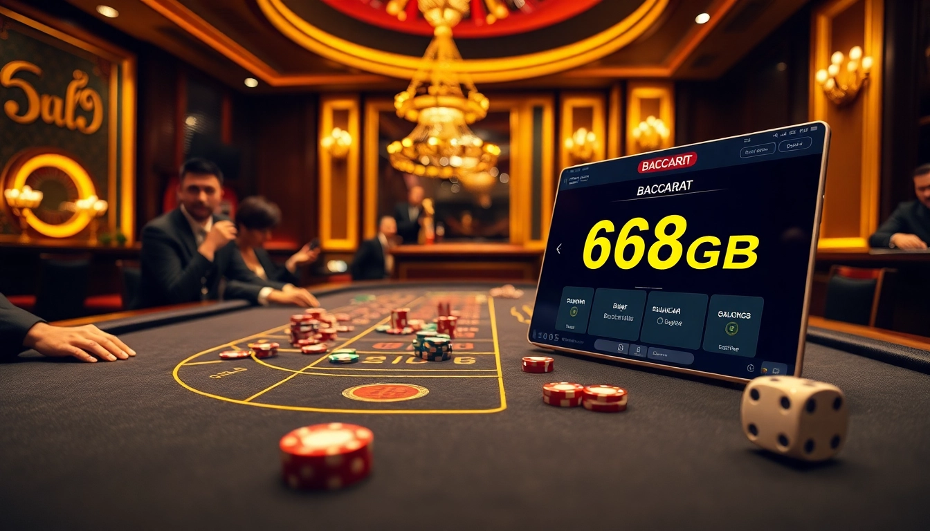 Baccarat thông tấn 68gb gameplay at a luxurious casino table with colorful chips and an elegant setting.