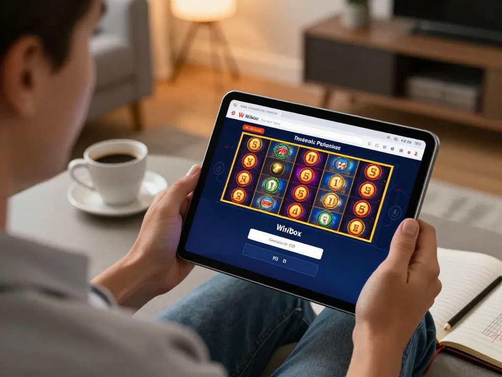 Engaging in online gaming with Winbox login H5 on a tablet in a cozy living room setting.