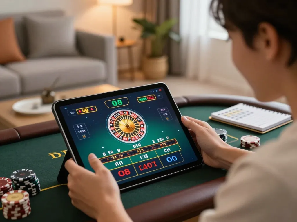 Engaging in live roulette online at Nhà cái O8, showcasing excitement and comfort in a home setting