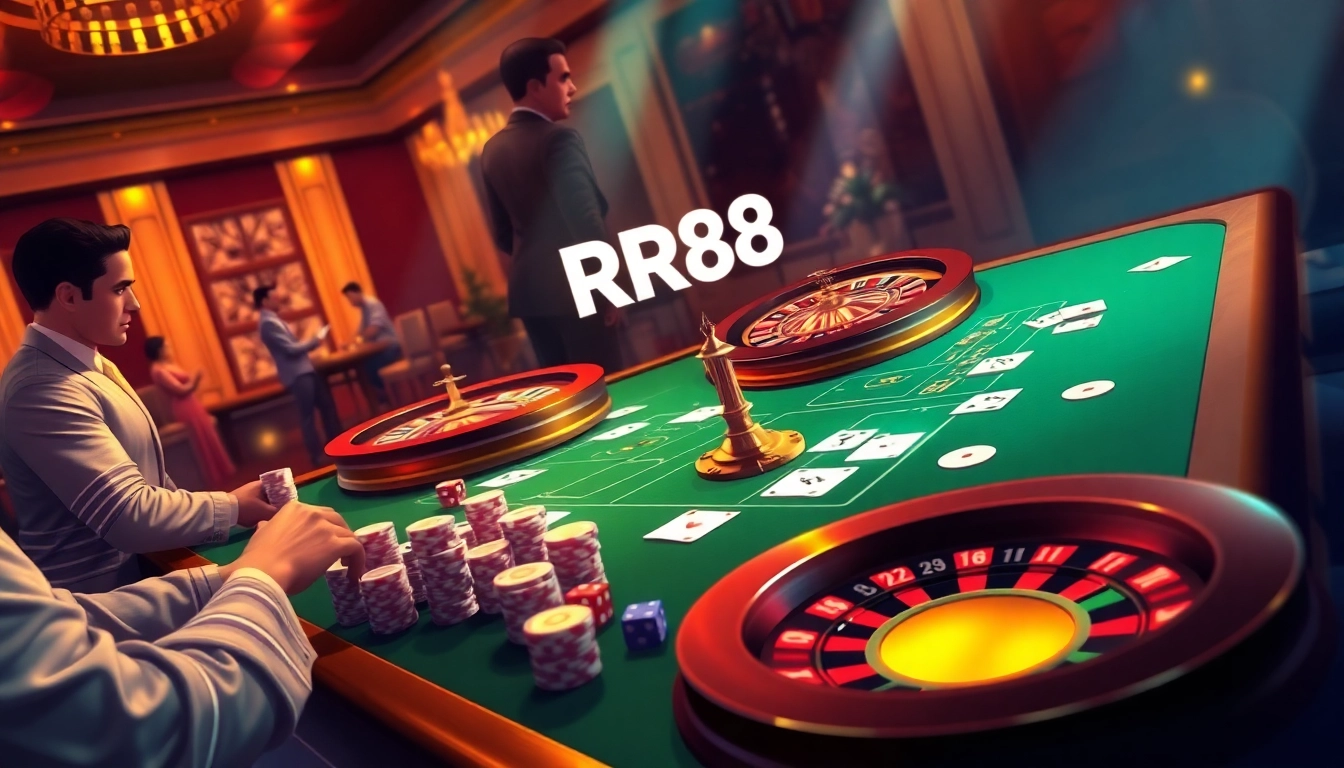 Experience the thrill of RR88 at a luxurious casino table with cards and roulette.