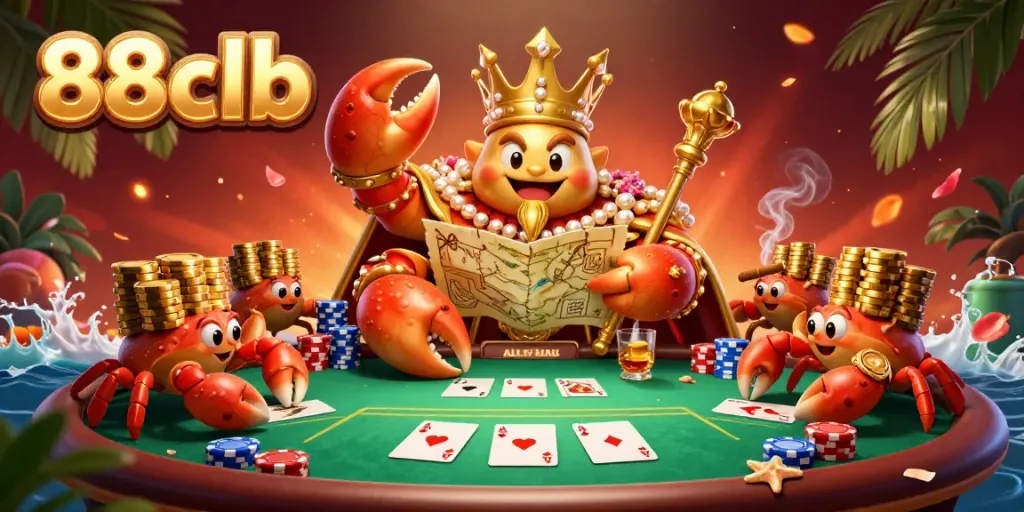 Experience the thrill of 88clb with a colorful poker scene featuring a golden crab emperor and stacked chips.