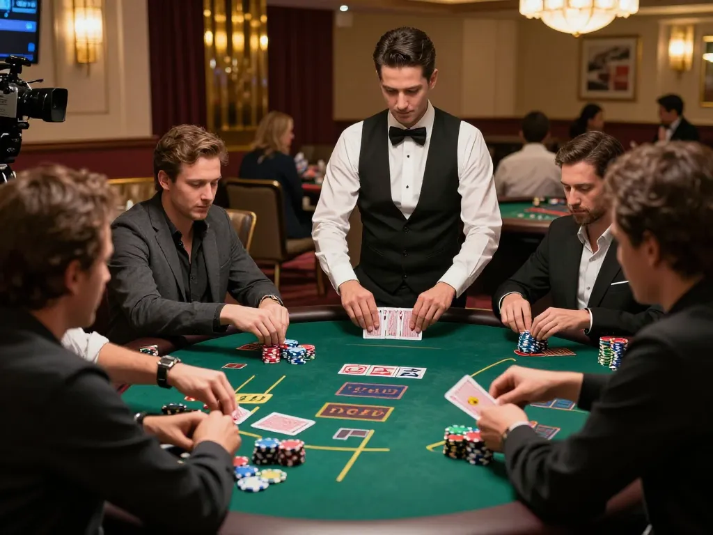 Engaging blackjack gameplay with players at 88okwin casino, dealers managing cards, and vibrant atmosphere.