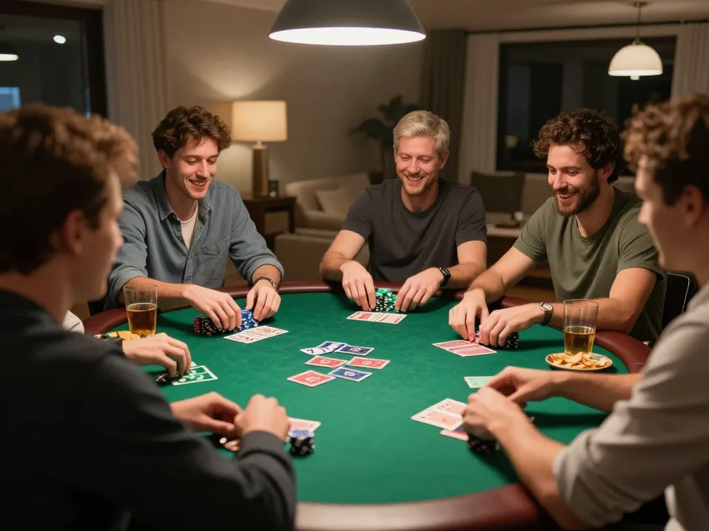 Friends engaged in a poker game night at home, highlighting social interaction and strategic play, featuring sunwin.
