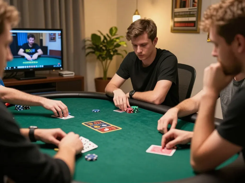 SC88 players strategizing in an online poker game with chips and cards highlighted, capturing the competitive atmosphere