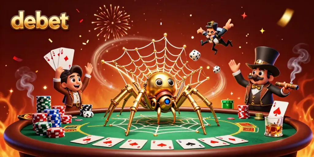 Experience thrilling gameplay at debet with our steampunk spider capturing dice and cards in a vibrant casino.