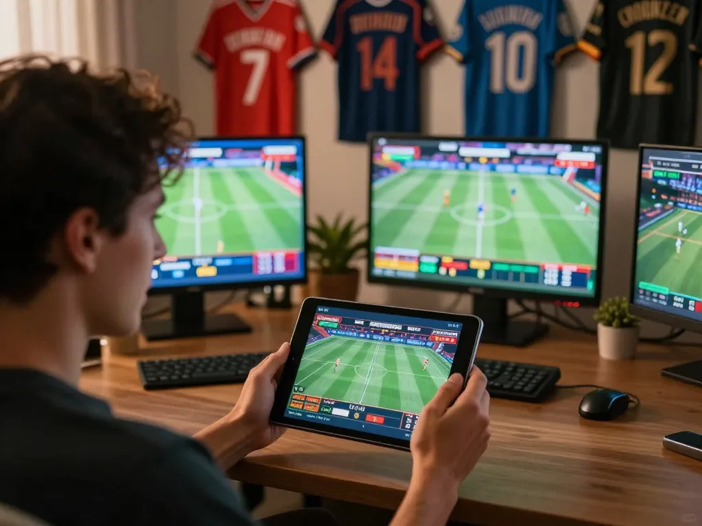 CAKHIATV sports betting setup showcasing dynamic live betting action on tablet, excitement in a home setting.