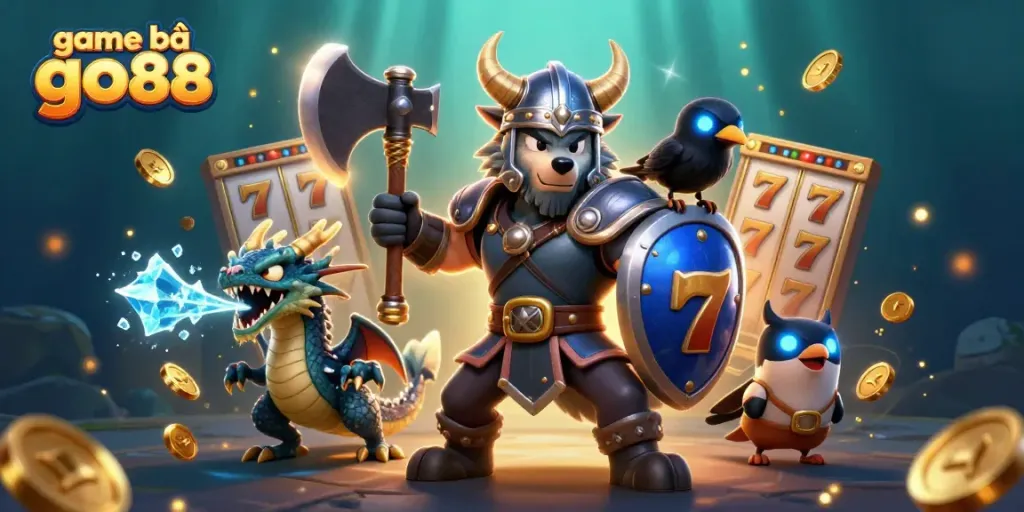 Spin thrilling slot games with game bài go88 featuring a Viking warrior, dragon, and gold coins.