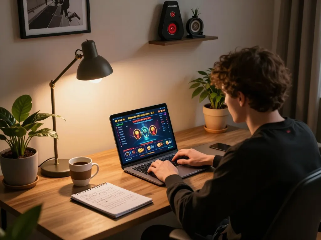 Player engaging in online casino gaming with F168 interface on laptop, comfortable home setup