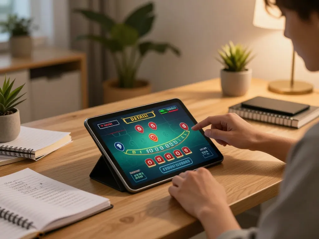 Player strategizing in blackjack on 98win using tablet in a cozy, well-lit home office.