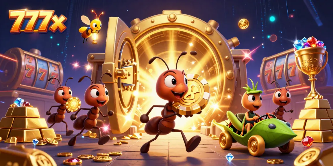 Experience 777x with a thrilling heist featuring cartoon ants and golden poker chips.