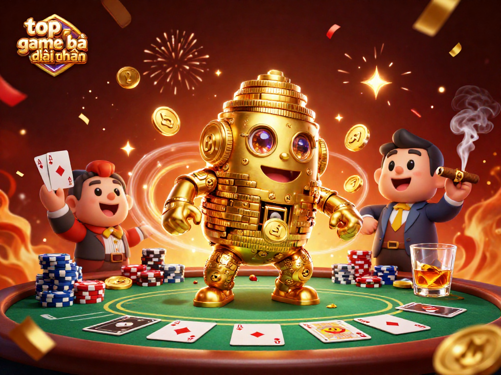Engage in the top game bài đổi thưởng with a vibrant 3D casino illustration featuring dynamic poker action and gold coin sprites.
