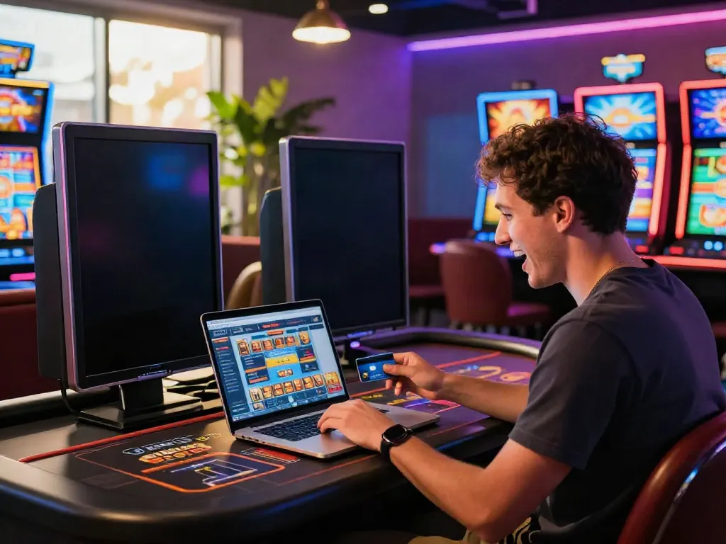 Player enjoying credit card deposit casinos at a vibrant gaming setup with slot machines in the background.