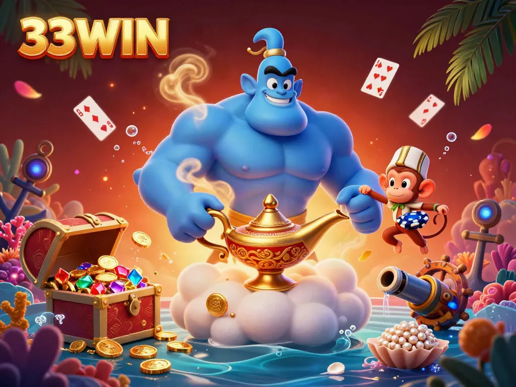 Trải nghiệm kỳ diệu tại 33WIN với hình ảnh Genie và kho báu sòng bạc đầy màu sắc.