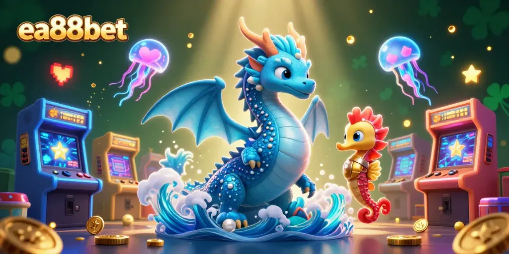 Engage with the vibrant world of ea88bet, featuring a dragon, knight, and jellyfish in a dynamic casino scene.