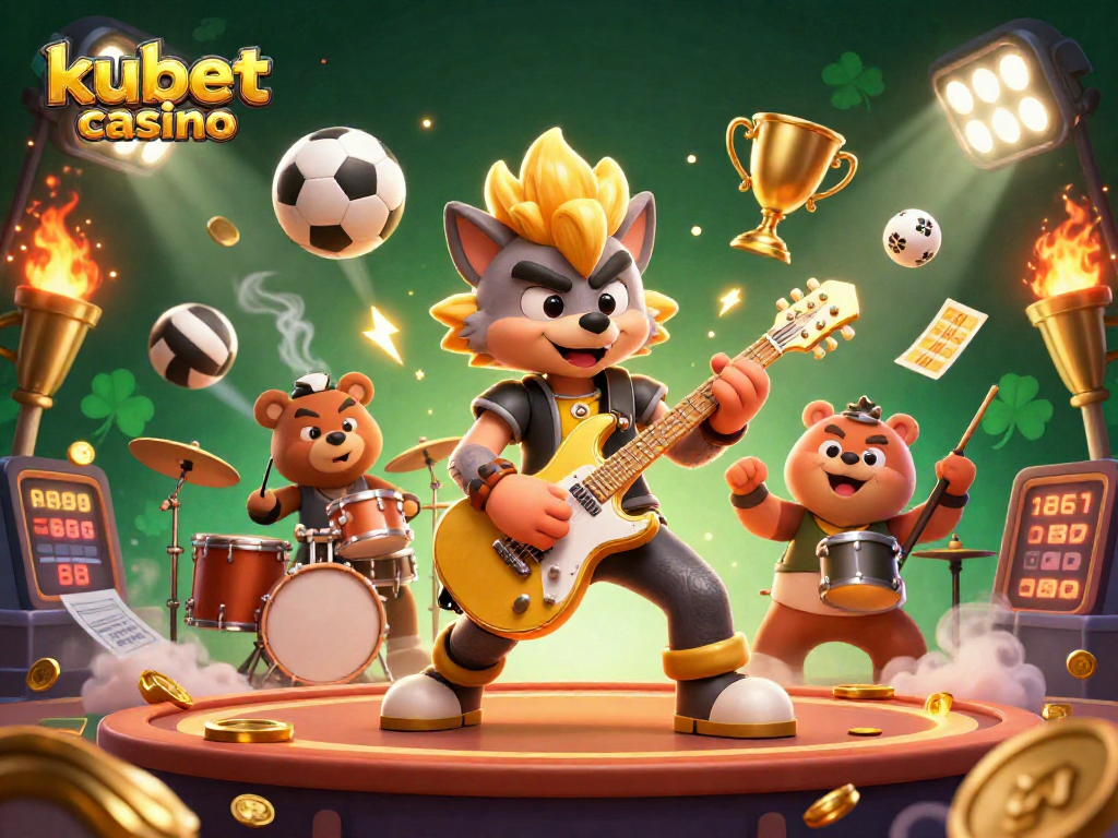 Kubet casino showcases an electrifying scene with a rock star wolf shredding guitar, sports elements, and vibrant casino atmosphere