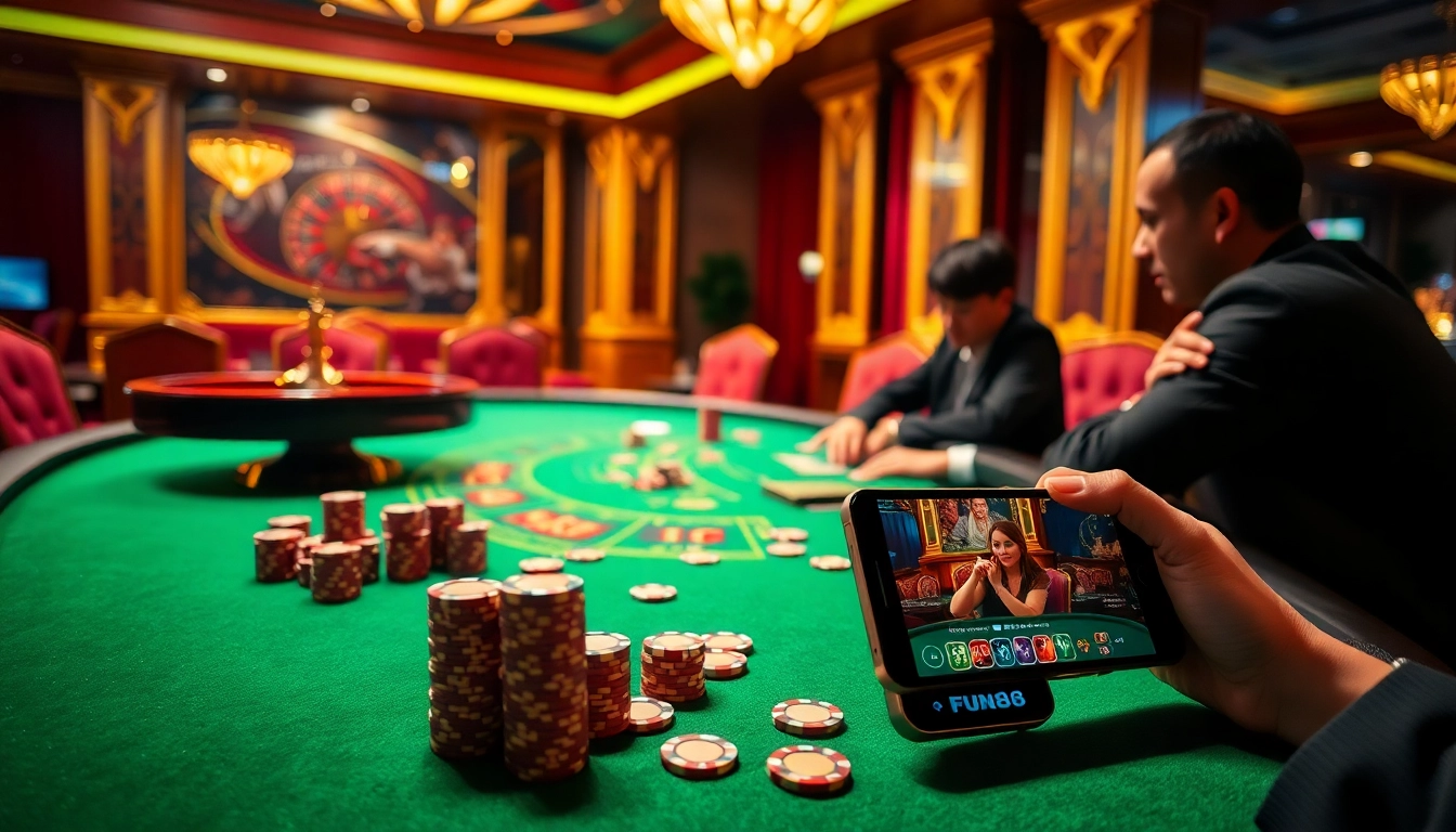 Exciting casino scene showcasing players at a table with chips and the FUN88 interface.