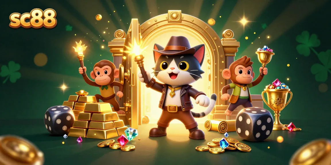 Experience sc88 as an adventurous cat finds golden treasures in a vibrant casino temple.