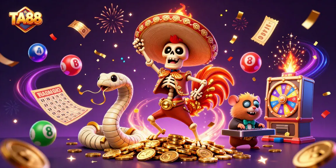 TA88 celebrates with a mariachi rooster, lively lottery elements, and vibrant casino excitement.