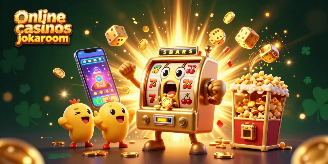 Experience online casino bonuses jokaroom with a vibrant, dynamic scene featuring a golden slot machine and cheering characters.