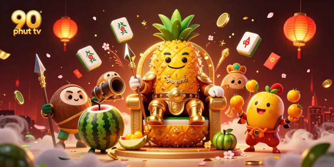 Engage with 90 phut tv's vibrant 3D casino scene featuring a golden pineapple king and dynamic gambling elements.