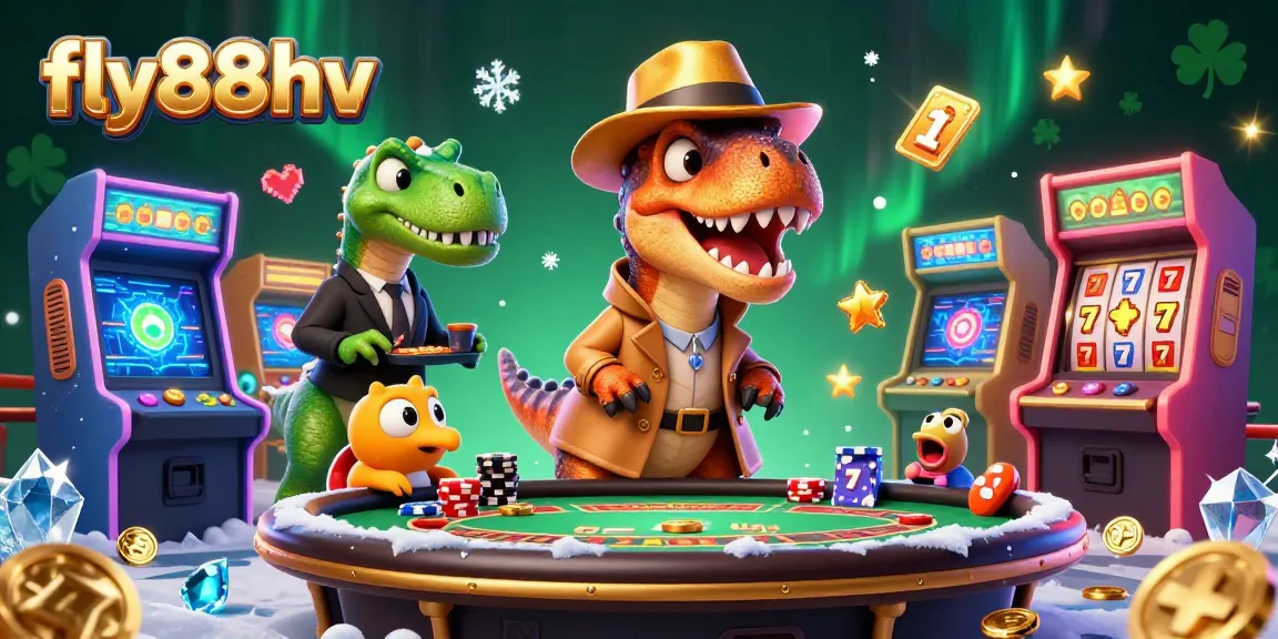 Experience thrilling moments at fly88hv with cartoon dinosaurs at a blackjack table amidst casino games.