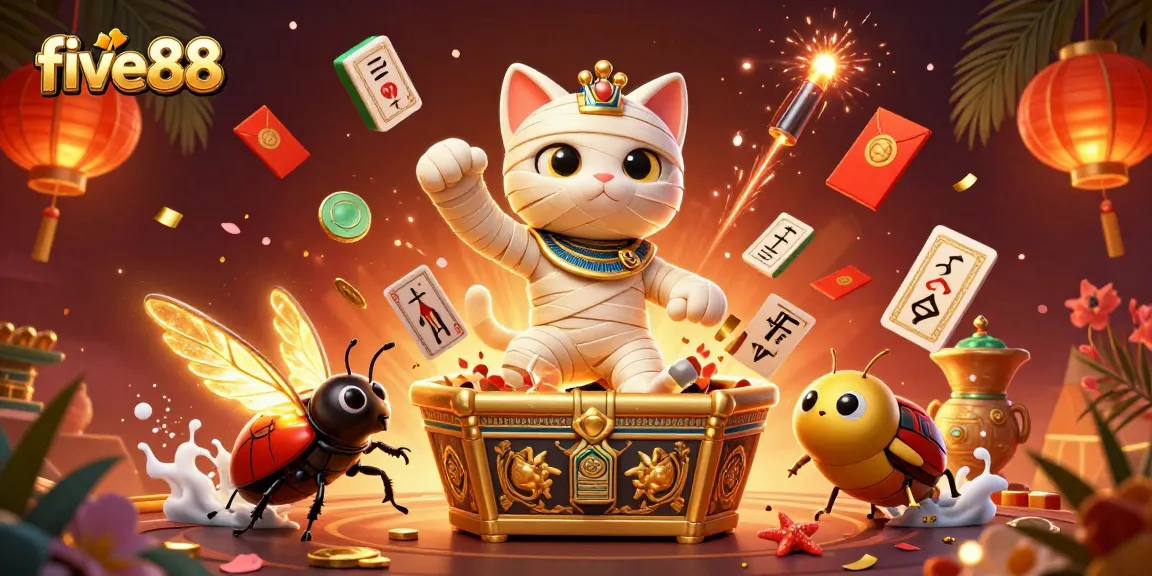 Engage with five88's thrilling casino atmosphere featuring a vibrant Egyptian mummy cat and rich game elements.