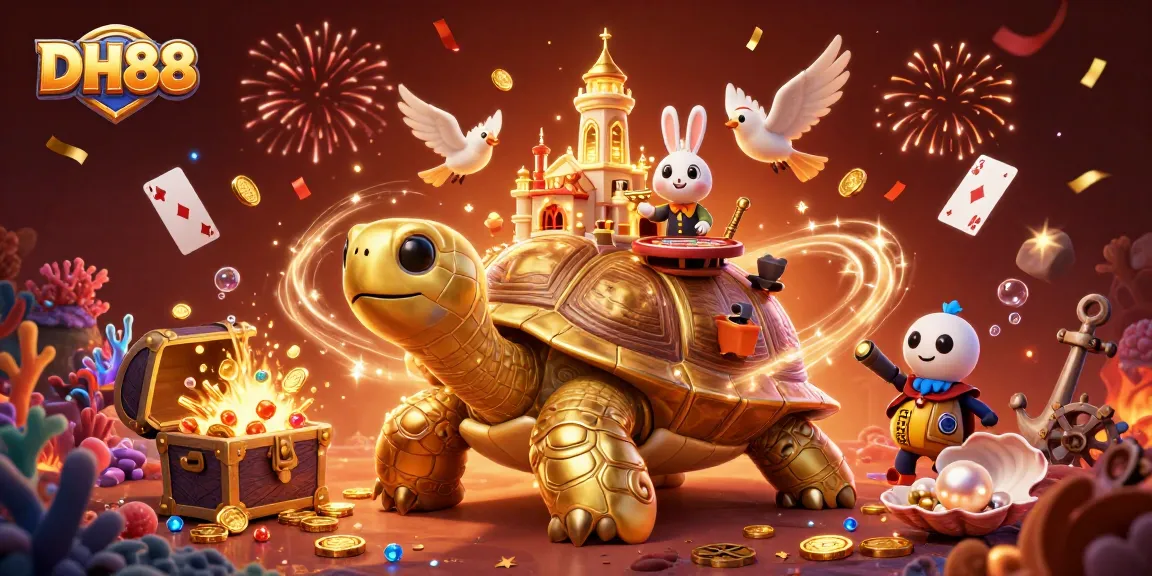 Engage with DH88's thrilling games as golden tortoise and rabbit dealer celebrate with vibrant coins.