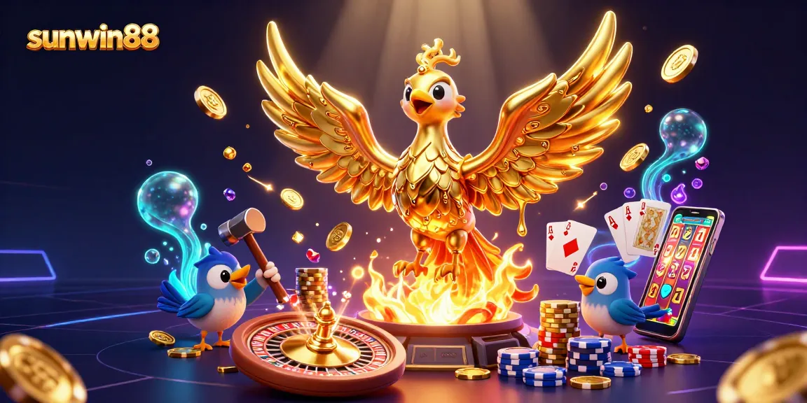 Engage in lavish gameplay with sunwin88 featuring molten gold phoenix, dynamic casino elements, and vibrant graphics.