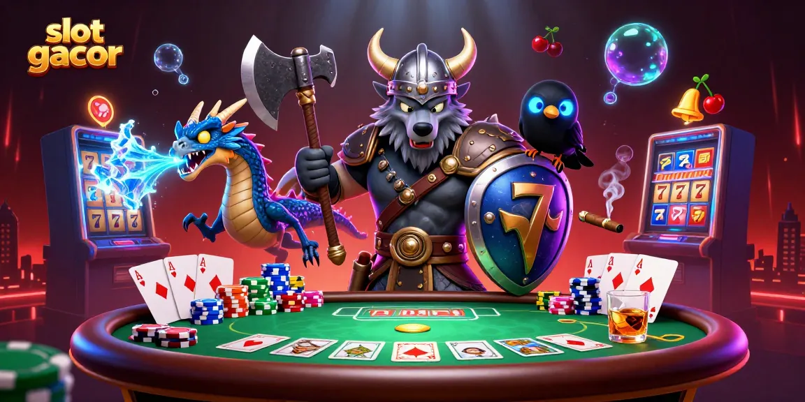 Engage in thrilling slot gacor action with cartoon Viking warriors and a fiery dragon at a vibrant casino.