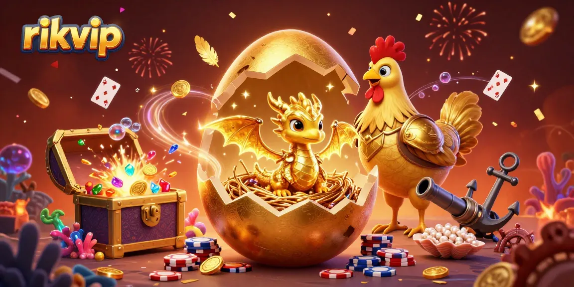 Experience winning at rikvip with a dynamic scene featuring golden treasures and playful game elements.