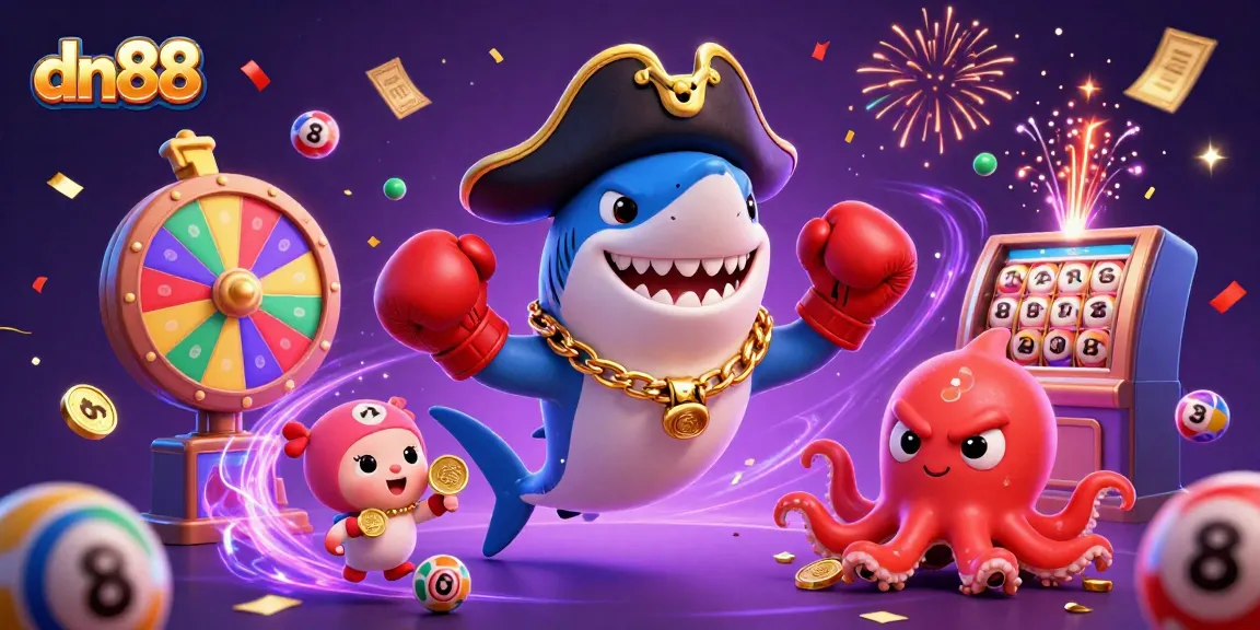 Experience thrilling gaming at dn88, featuring a pirate shark and friends celebrating with vibrant prize elements.
