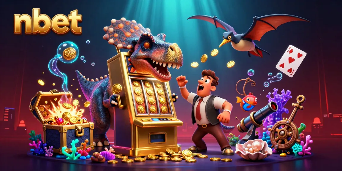 nbet slot jackpot scene with dinosaurs headbutting a machine for coins amidst colorful casino elements