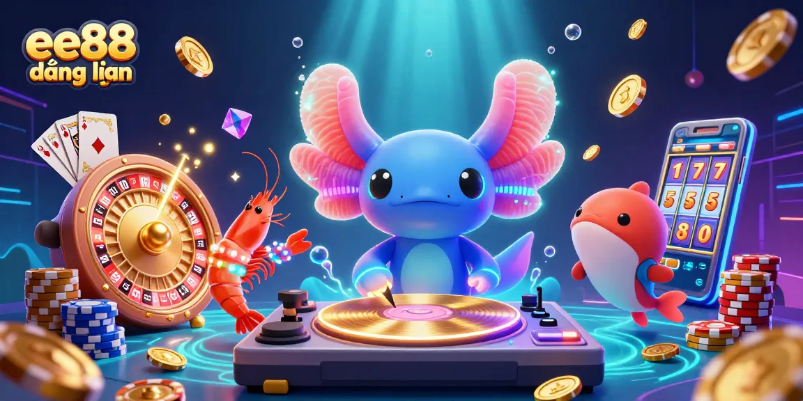 Win at ee88 đăng nhập with vibrant underwater casino theme featuring a neon DJ and lucky game elements.