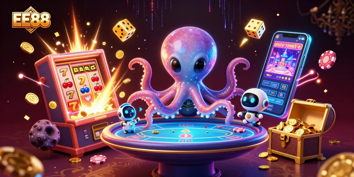 Experience the thrills of EE88 casino with a vibrant 3D illustration featuring an alien octopus at a poker table